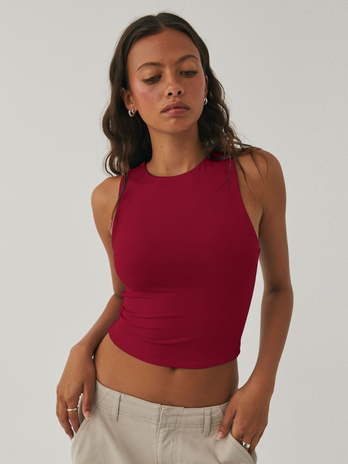 Round Neck Cropped Tank Burgundy