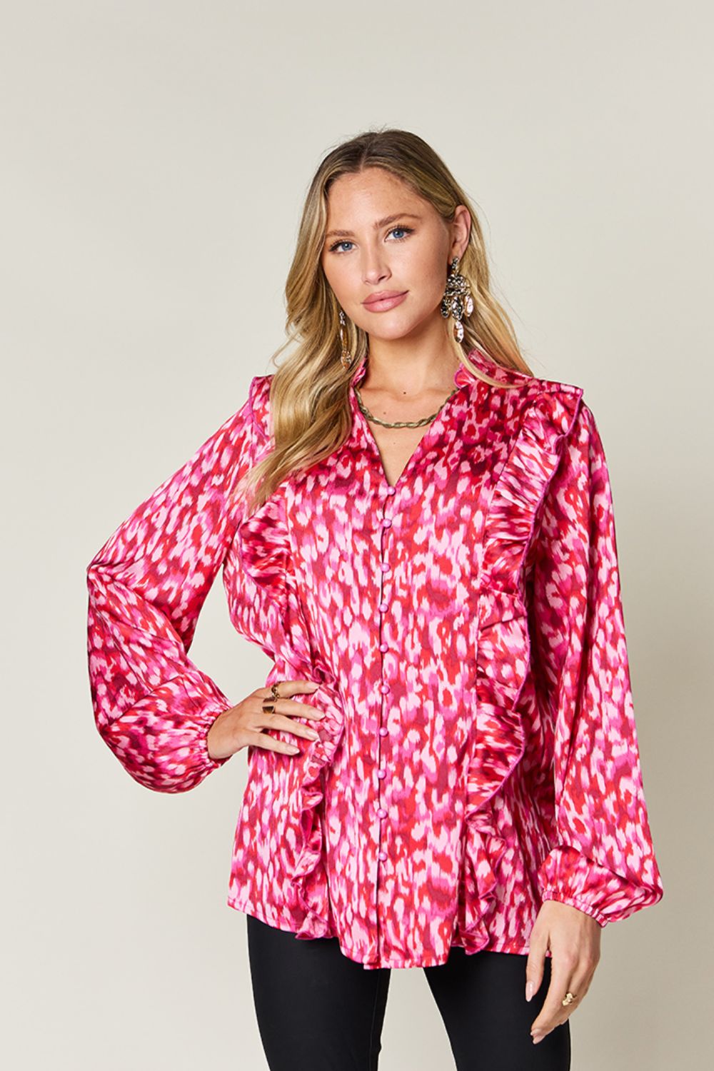 Printed Button-Down Top with Ruffle Balloon Sleeves Strawberry