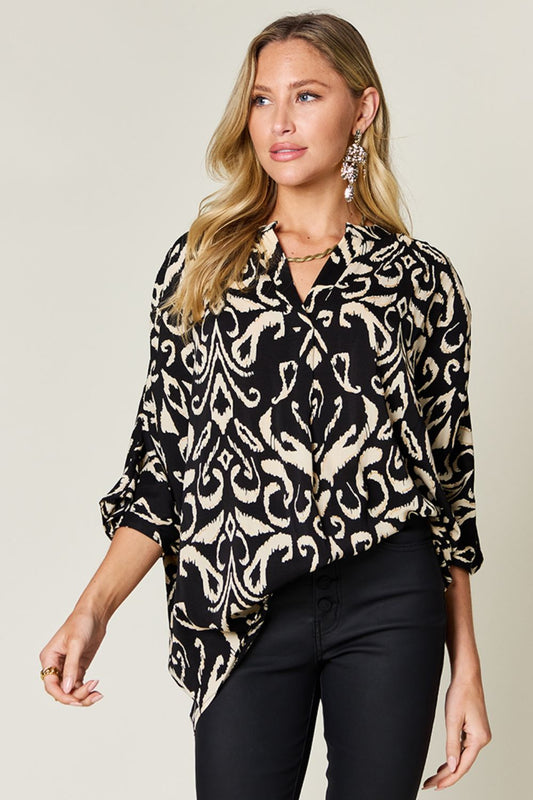 Opaque Printed Elbow Sleeve Blouse Black