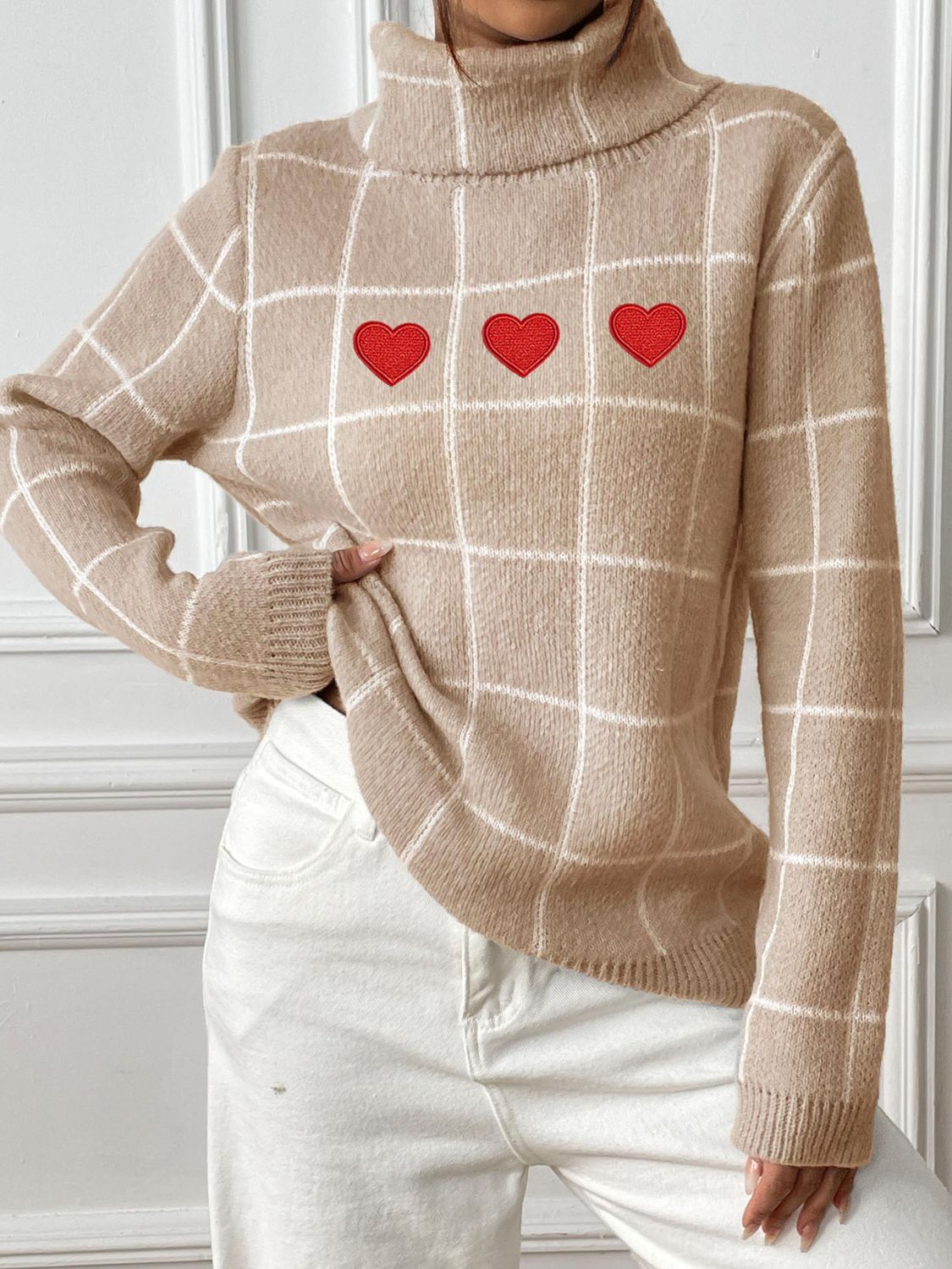 Heart Plaid Turtleneck Long Sleeve Sweater Tan