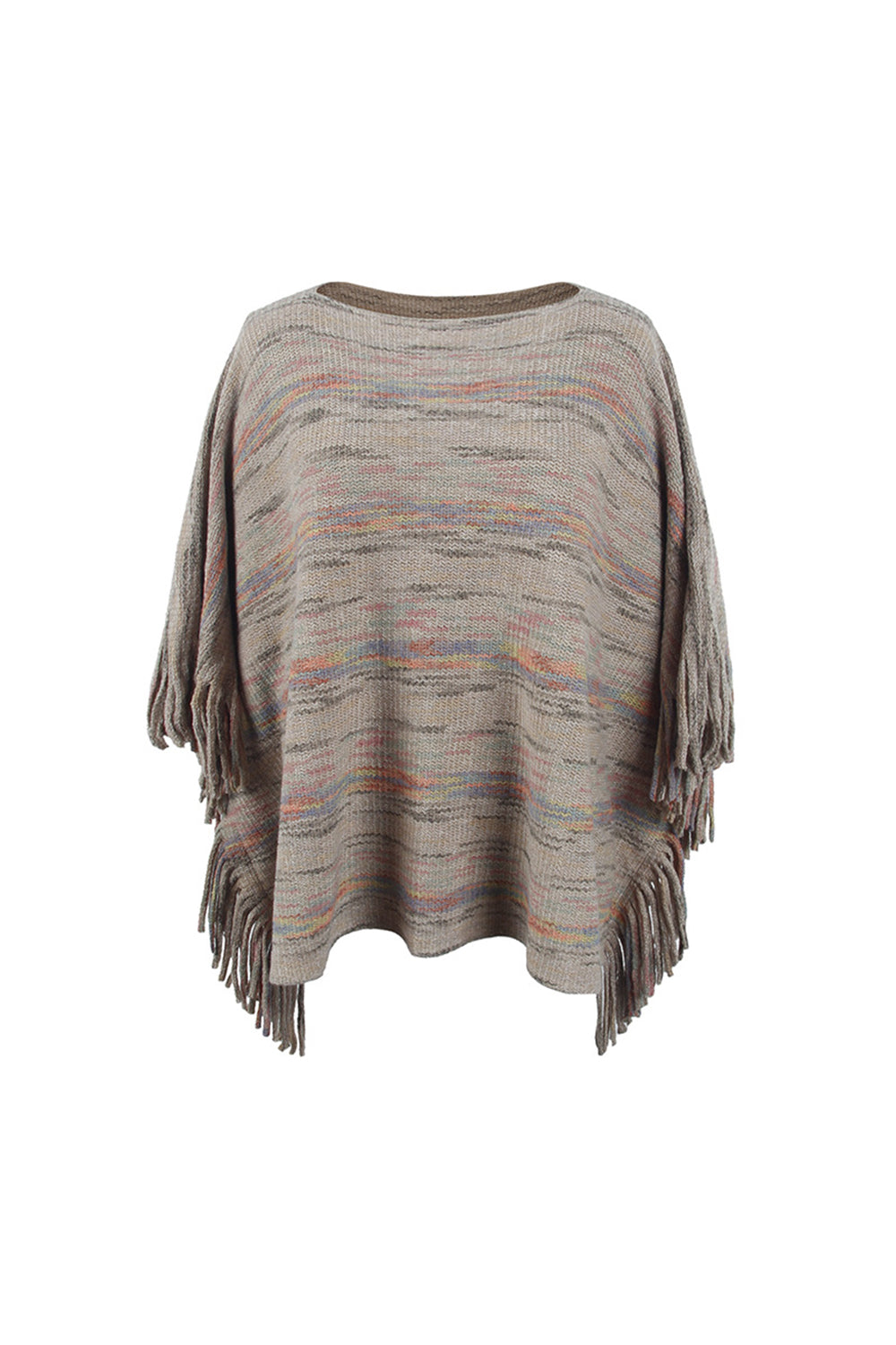 Round Neck Fringe Detail Sleeve Poncho Khaki One Size