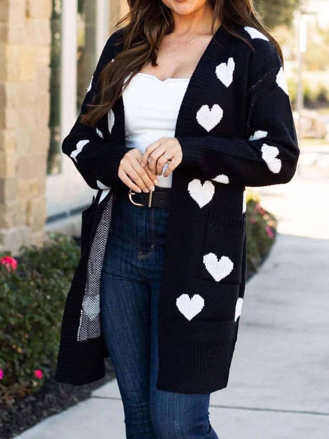 Heart Open Front Long Sleeve Cardigan Black One Size