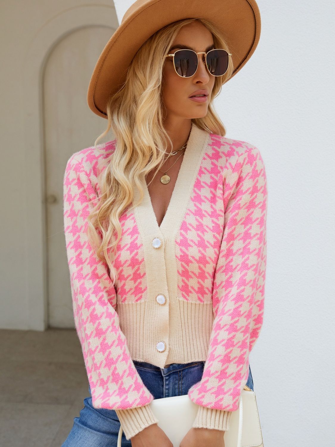 Houndstooth Button Up Long Sleeve Cardigan Pink One Size