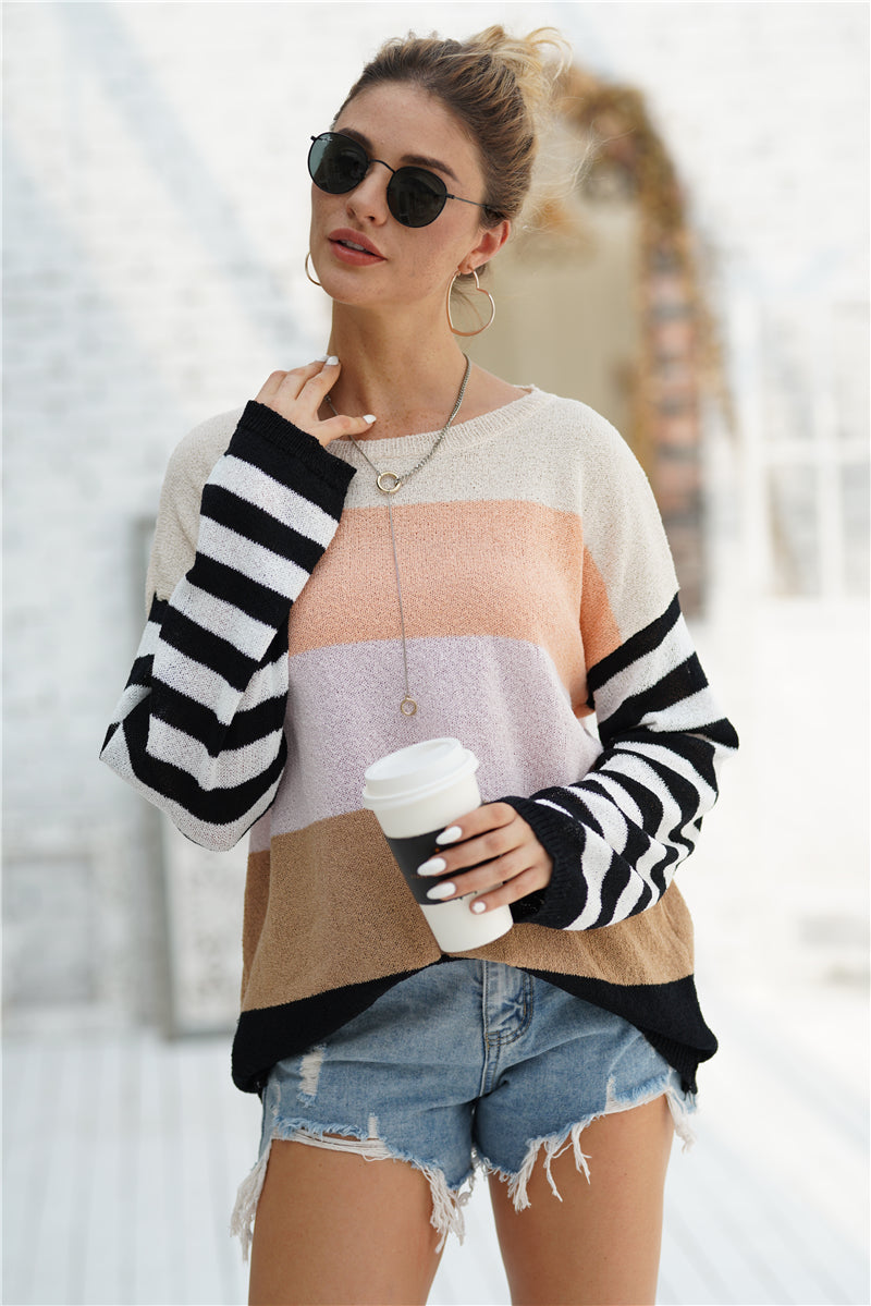 Striped Ribbed Trim Bell Sleeve Sweater Apricot