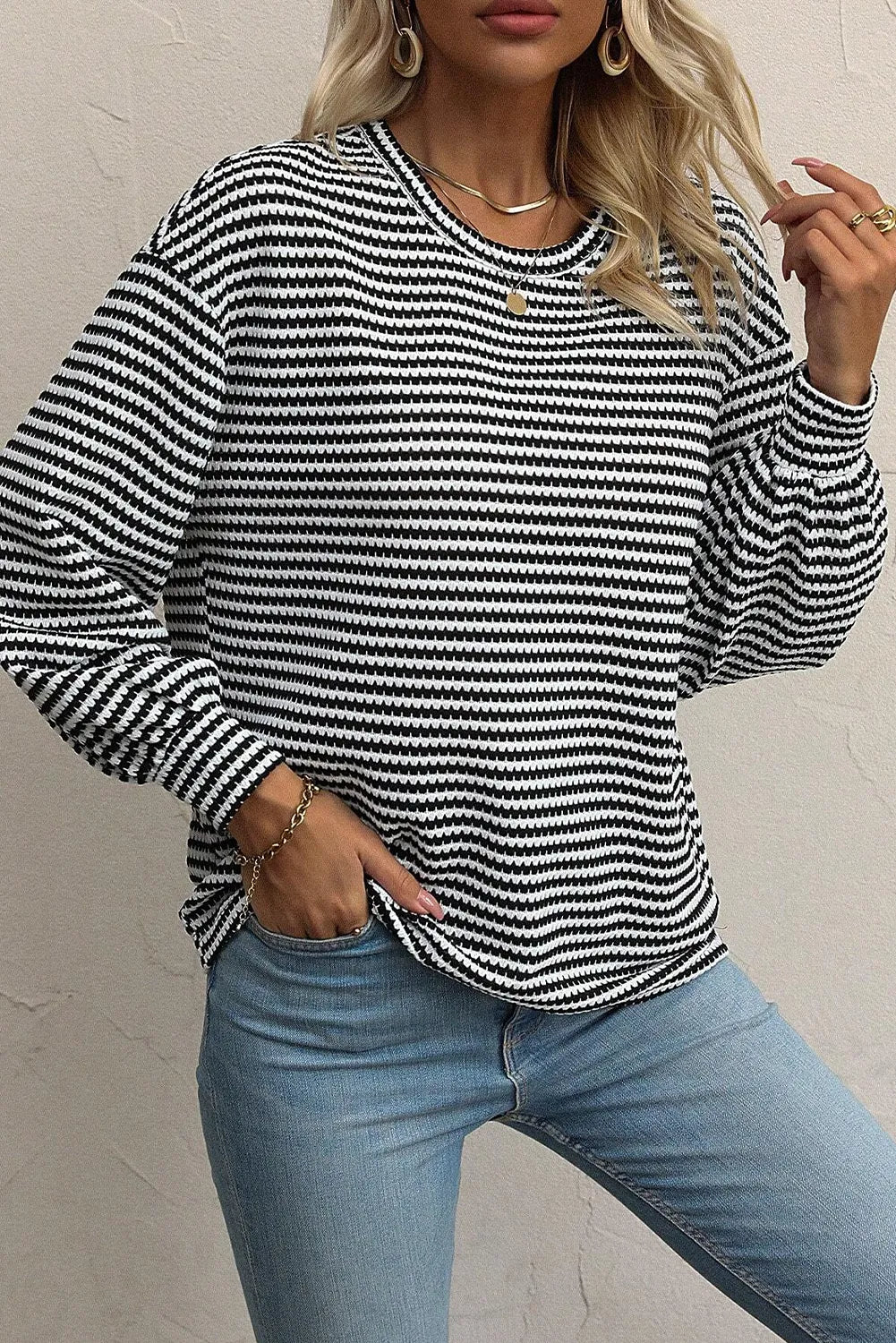 Striped Round Neck Long Sleeve Top Black