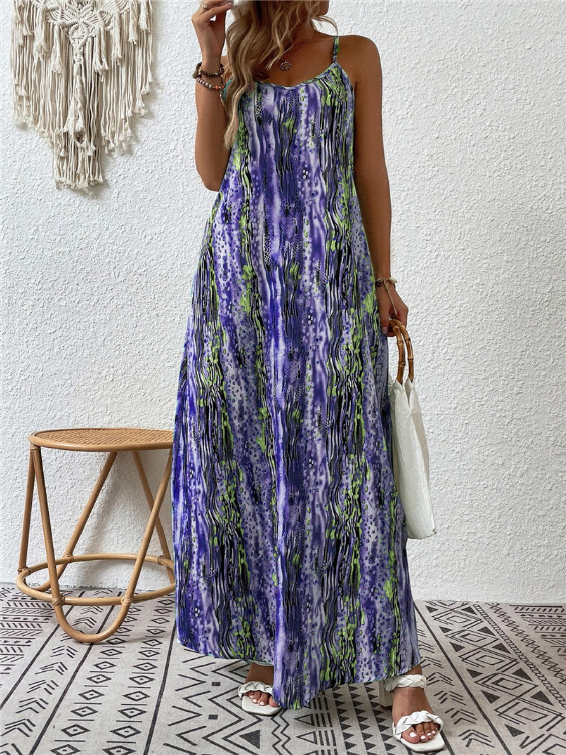 Full Size Printed Scoop Neck Maxi Cami Dress Electric Purple