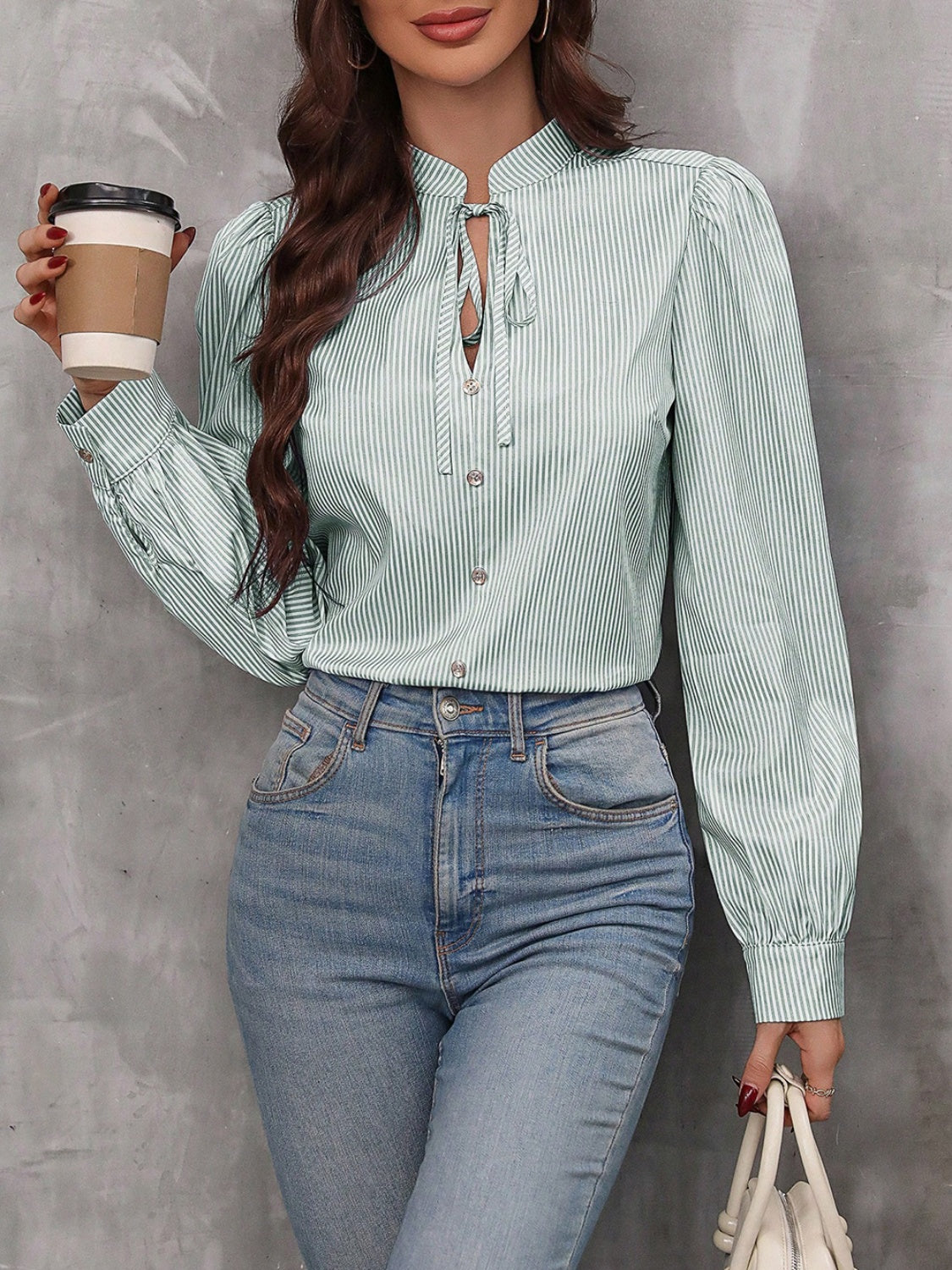 Striped Tie Neck Long Sleeve Blouse Light Green