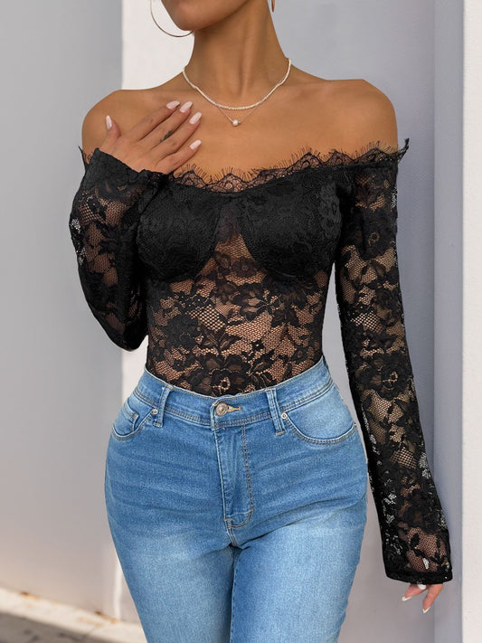 Perfee Lace Off-Shoulder Long Sleeve Bodysuit Black