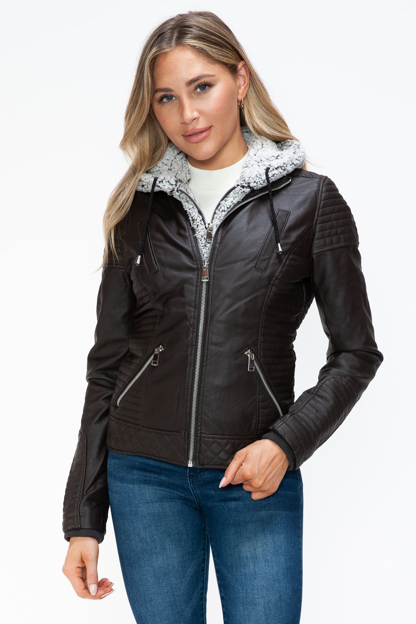 YMI Faux Layered Double-Zipper Jacket with Fuzzy Hood Chocolate