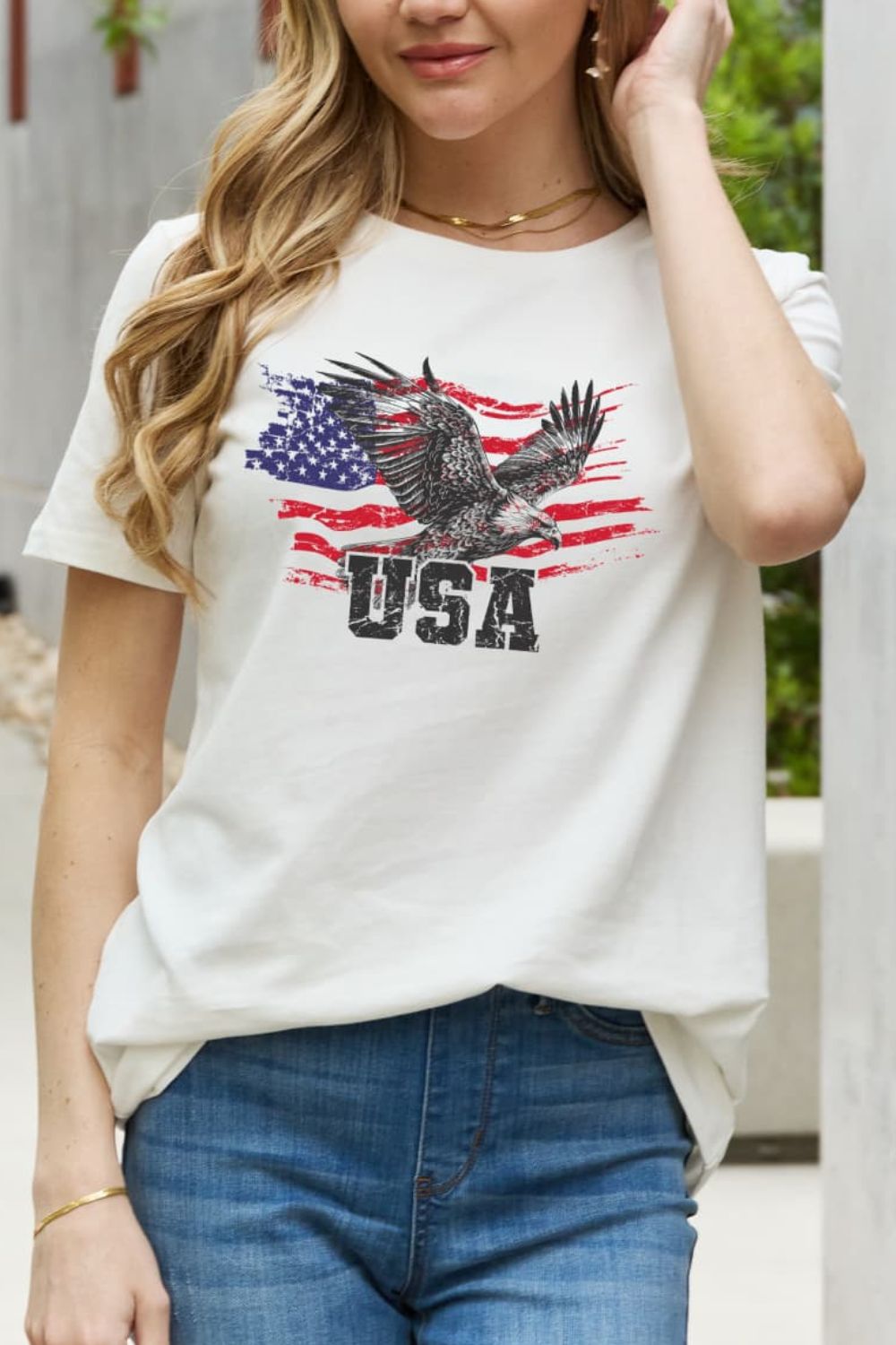 Simply Love USA Star and Stripe Eagle Graphic Cotton Tee Bleach