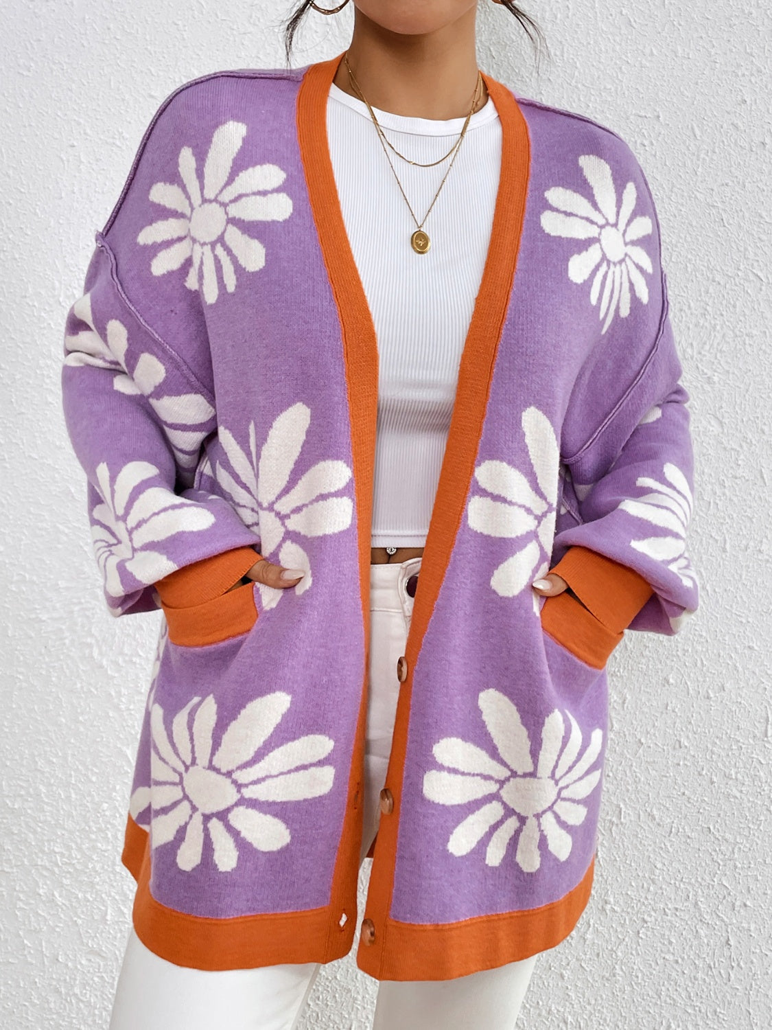 Contrast Dropped Shoulder Long Sleeve Cardigan Lavender