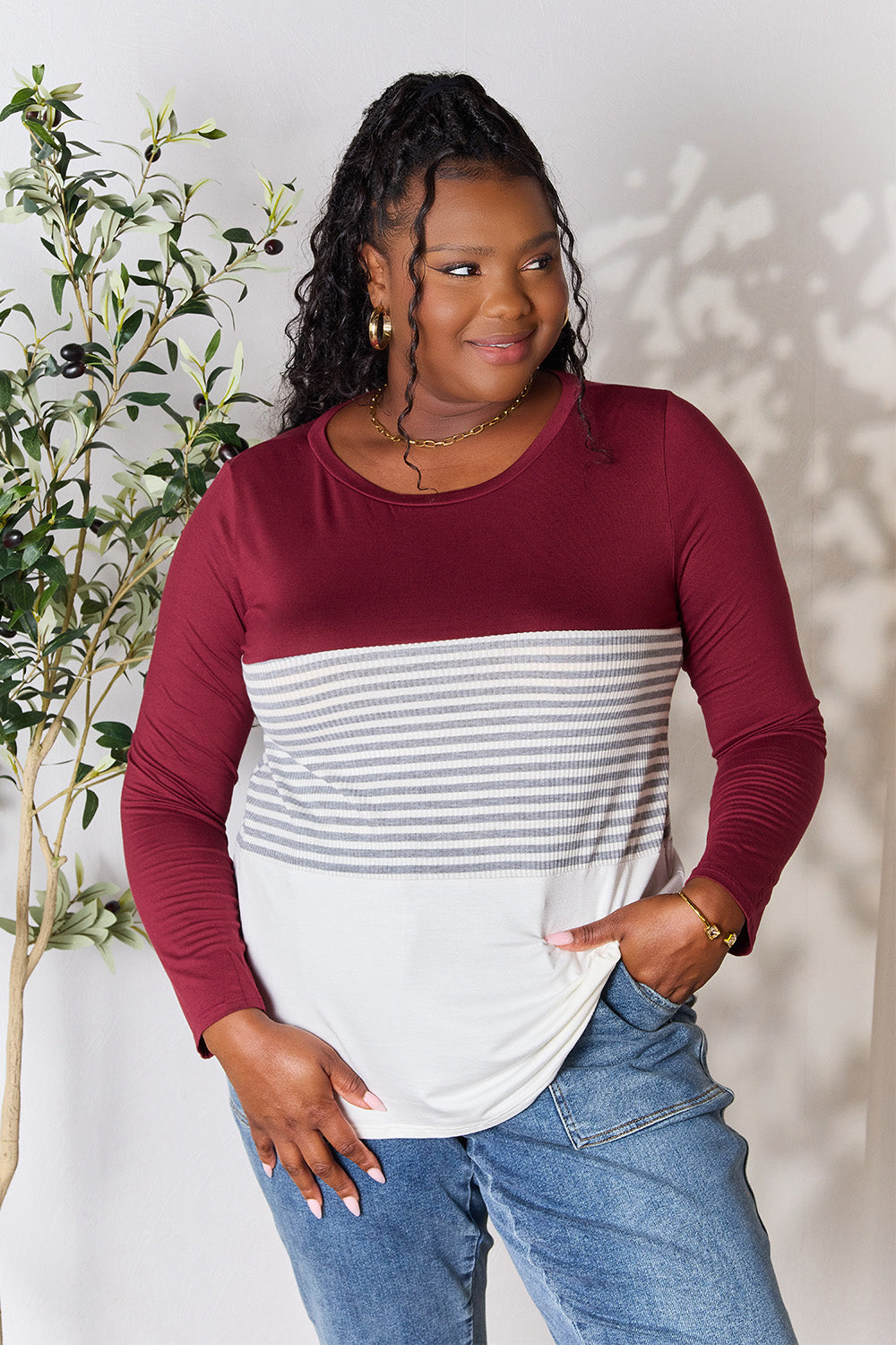 e.Luna Full Size Striped Contrast Long Sleeve Blouse Burgundy