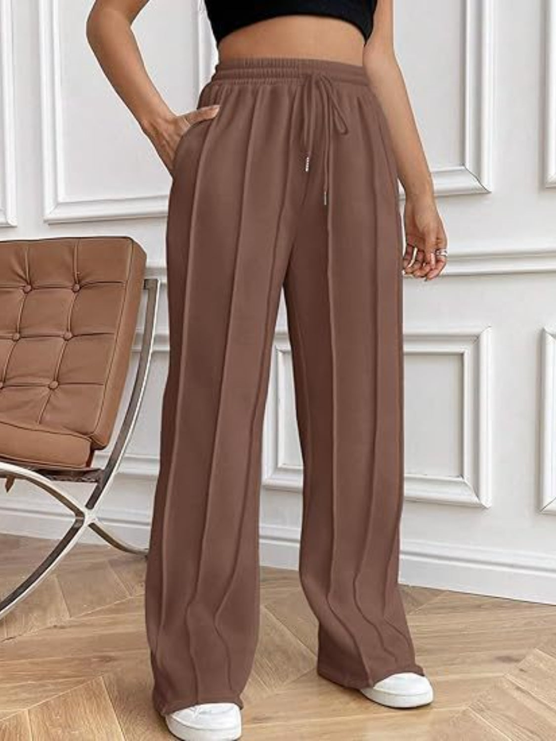 Drawstring Wide Leg Pants with Pockets Brown