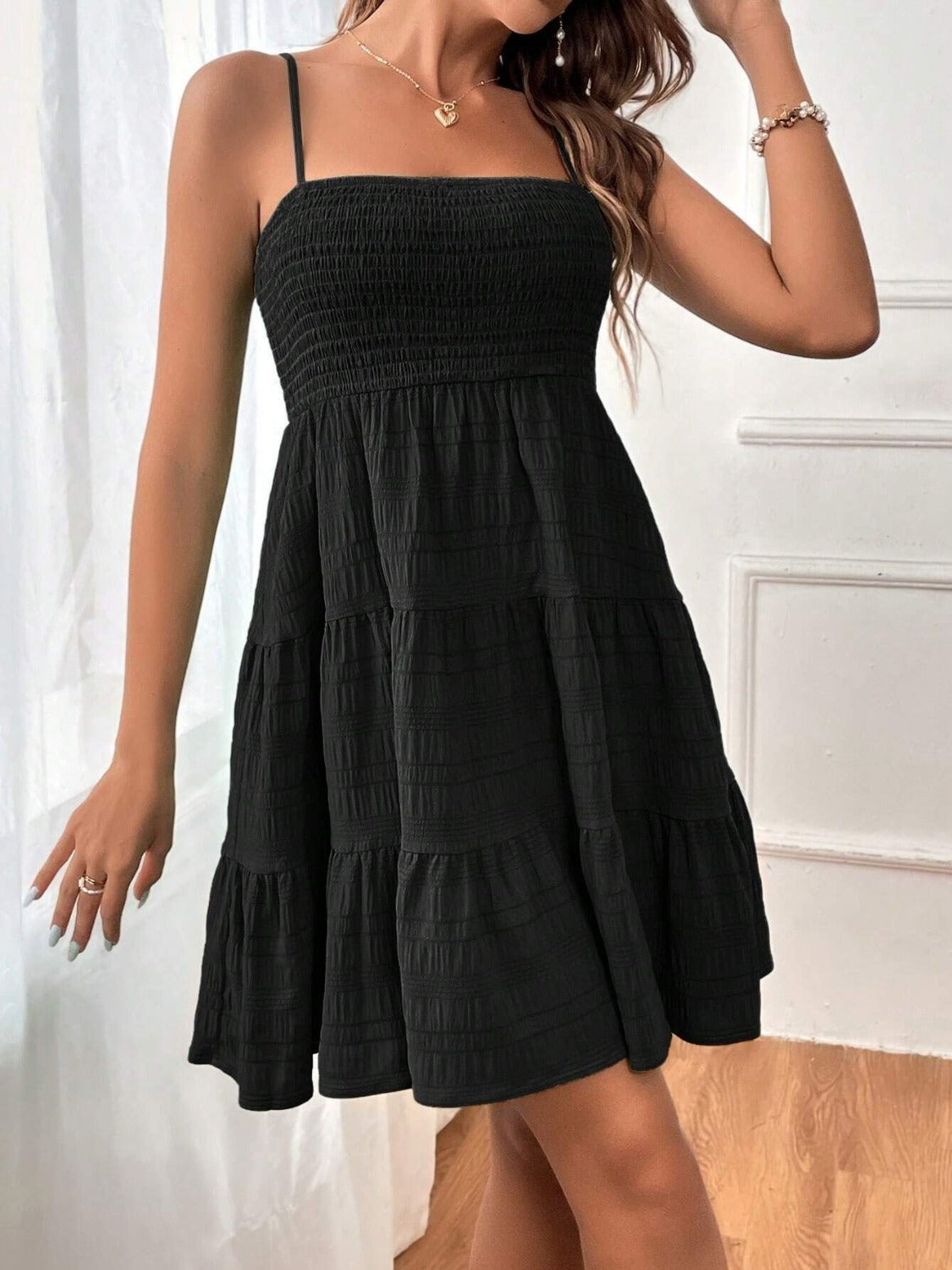 Tiered Smocked Square Neck Cami Dress Black