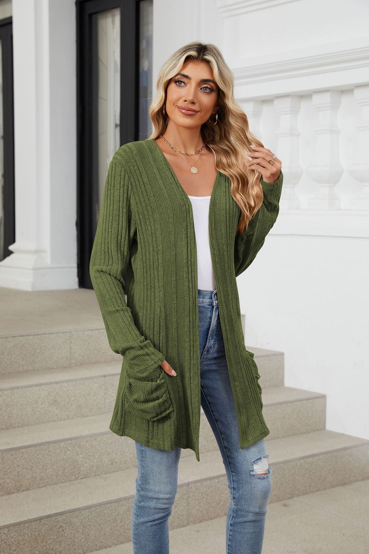 Pocketed Open Front Long Sleeve Cardigan Moss