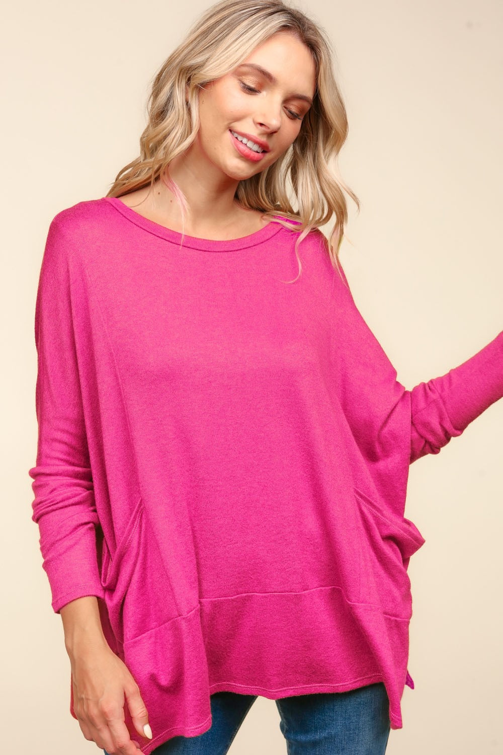 Haptics Dolman Long Sleeve Oversized Knit Top with Pockets Fuchsia