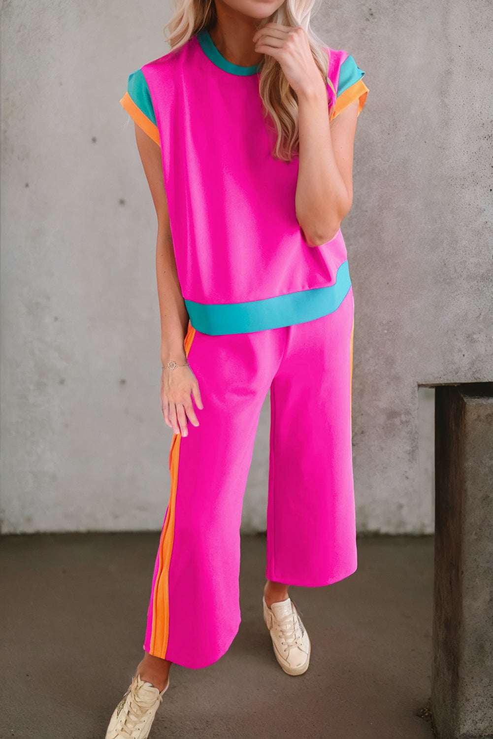 Polyester Two-Piece Set with Contrast Top & Pants