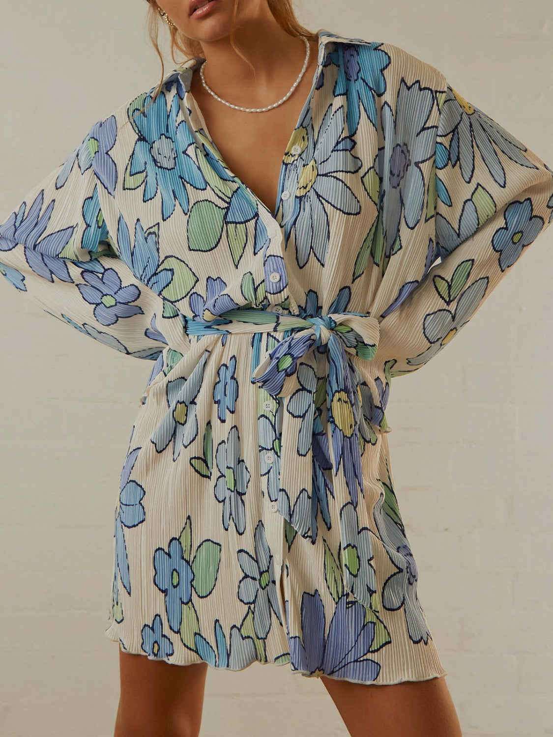 Tied Button-Up Long Sleeve Dress Light Blue