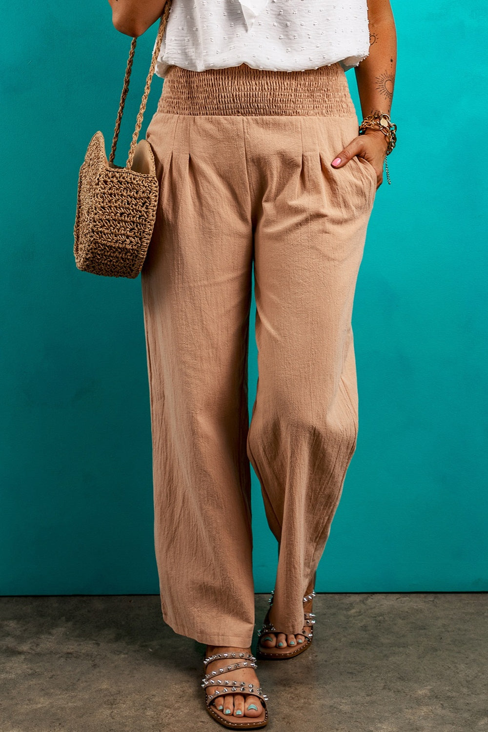 Smocked Elastic Waist Pants with Pockets Tan