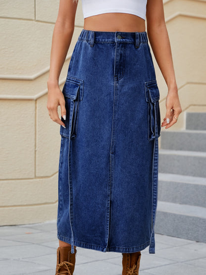 Slit Pocketed High Waist Denim Skirt Dark Blue