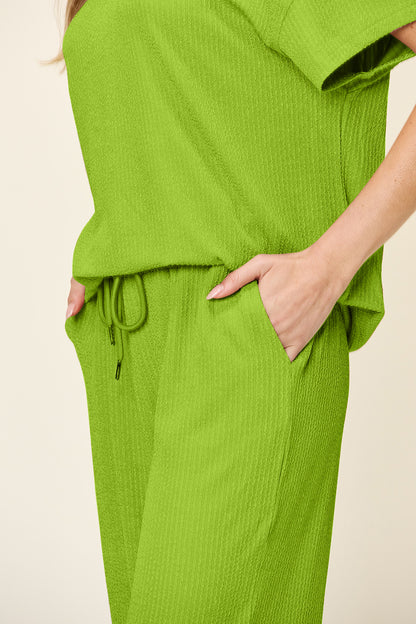 Textured Knit Top and Wide Leg Pant Set