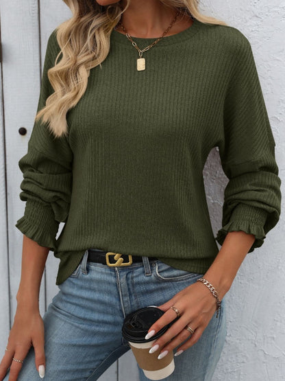 Mandy Ribbed Round Neck Long Sleeve T-Shirt Army Green