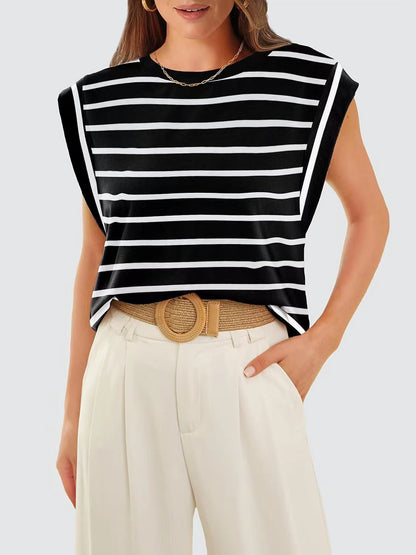 Striped Round Neck Cap Sleeve T-Shirt Navy