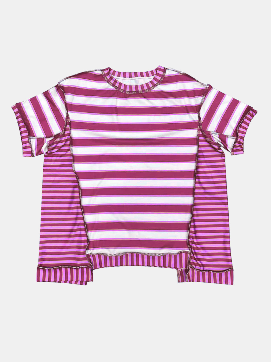 Full Size Contrast Stitching Striped Round Neck T-Shirt Deep Rose