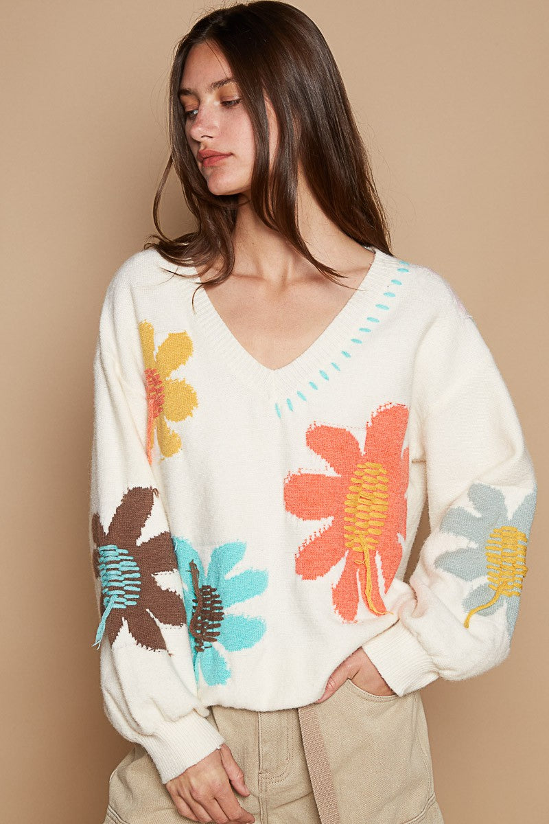 POL V-Neck Long Sleeve Flower Fringe Sweater Ivory