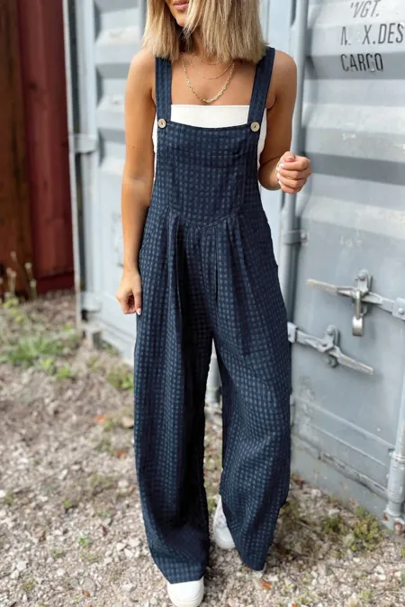 Plaid Wide Strap Wide Leg Overalls Dark Blue