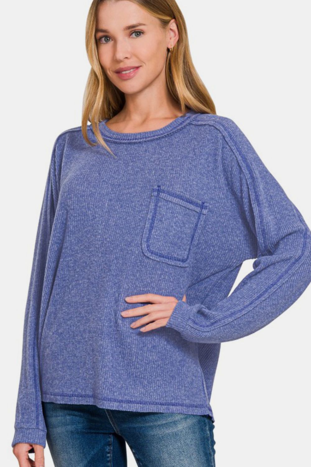 Zenana Full Size Contrast Stitching Brushed Ribbed Hacci Knit Top Blue Purple