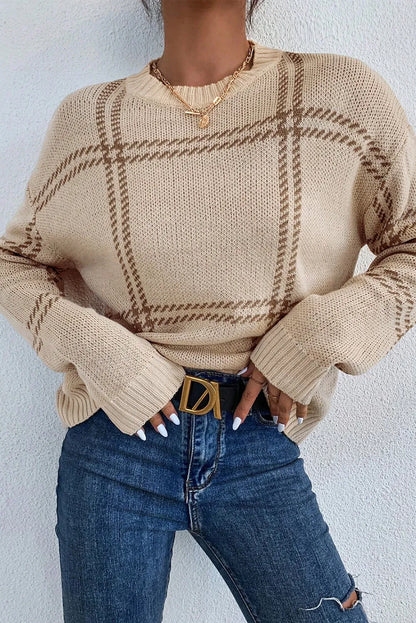 Plaid Round Neck Dropped Shoulder Sweater Tan