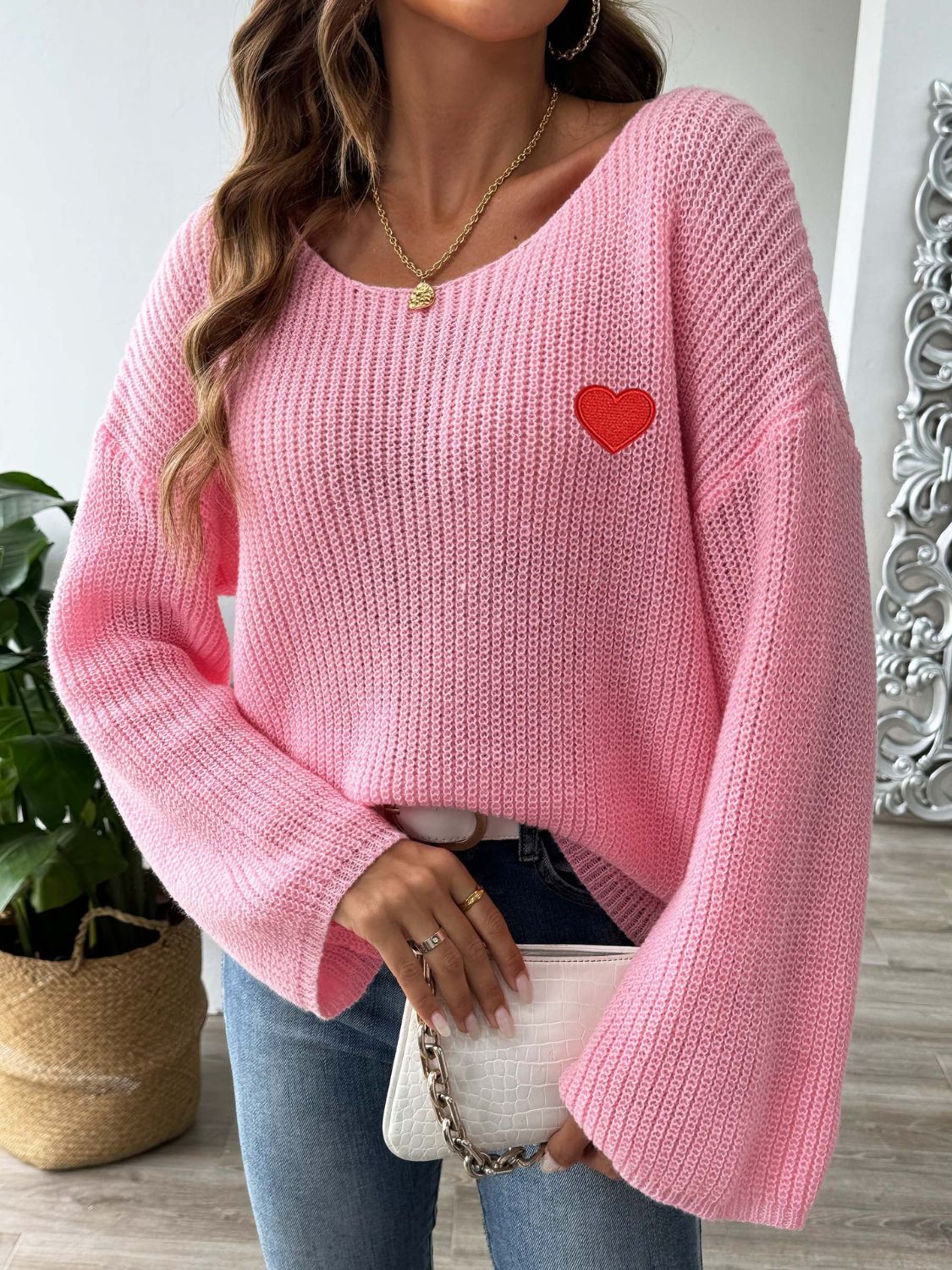 Heart Boat Neck Dropped Shoulder Sweater Pink