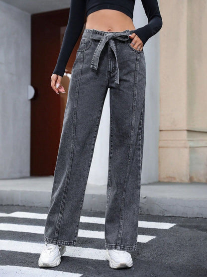 Tied Straight Leg Jeans with Pockets Dark Gray