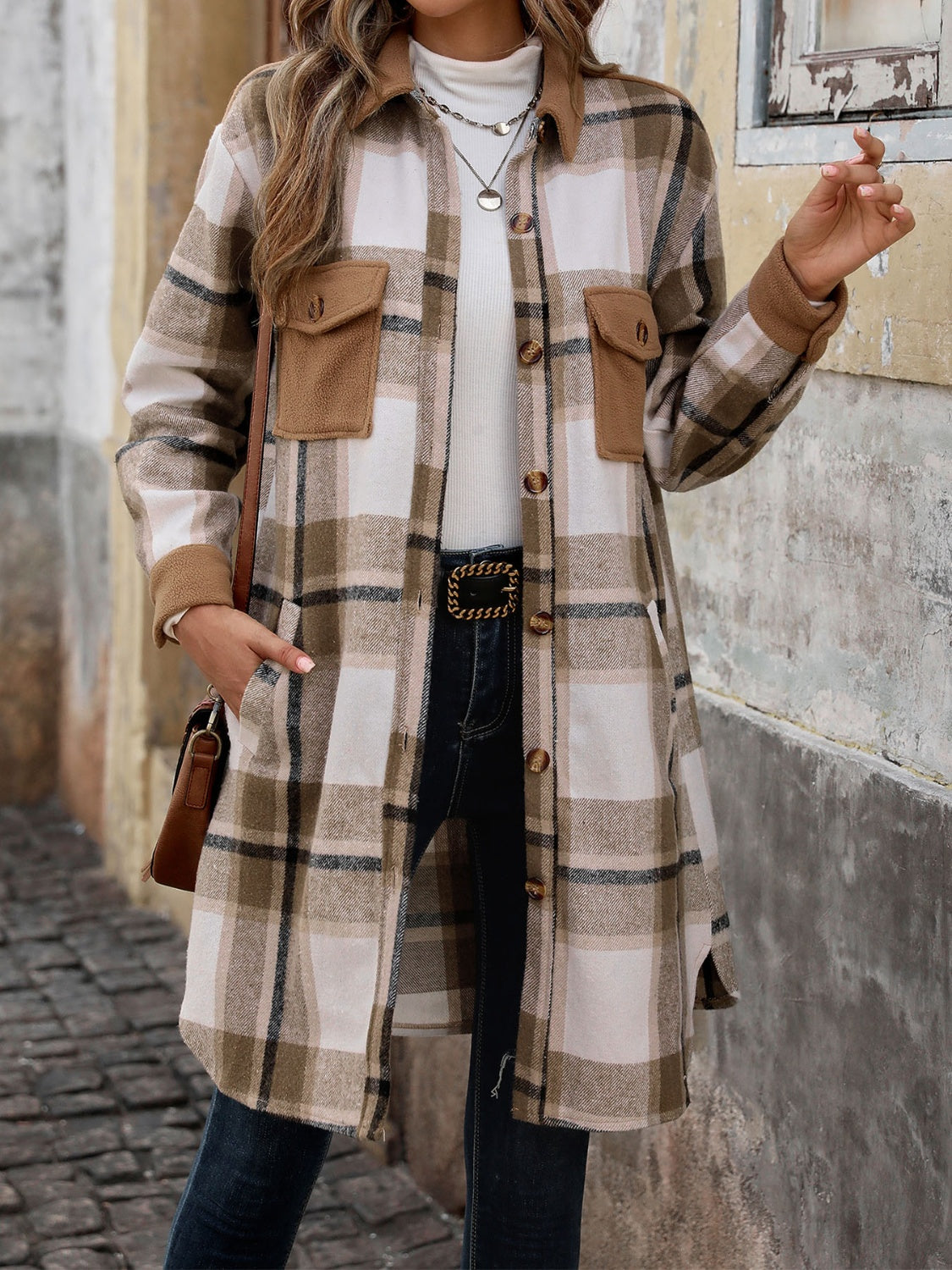 Perfee Plaid Button Up Long Sleeve Coat Coffee Brown