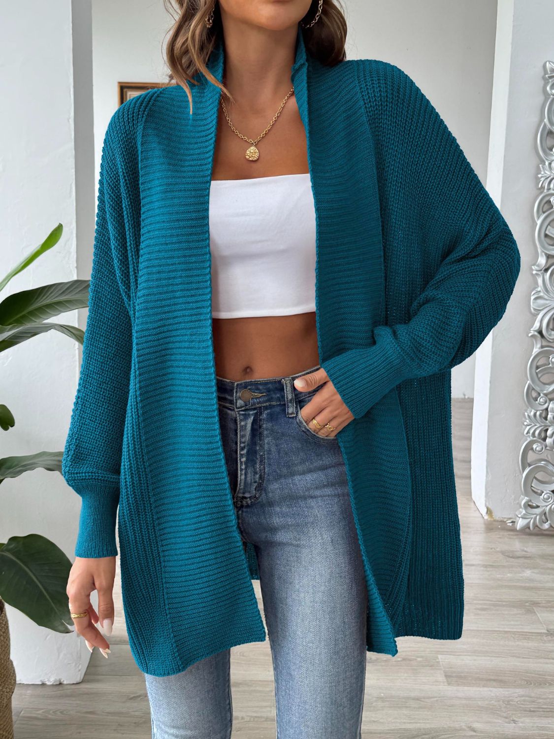 Open Front Long Sleeve Cardigan Deep Teal One Size