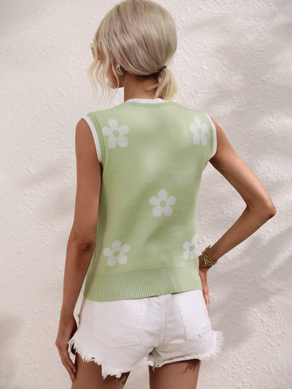 Stretchy Floral V-Neck Sweater Vest