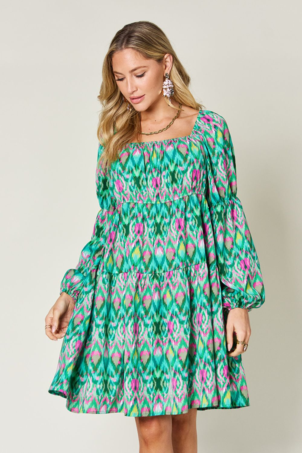 Printed Long Sleeve Smocked Dress