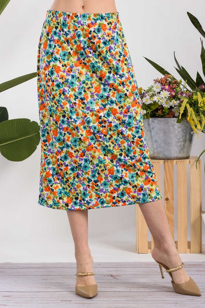 Celeste Full Size Floral A-Line Midi Skirt Green Floral