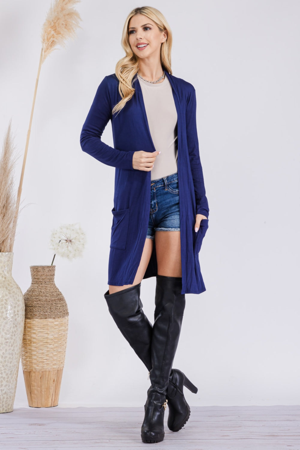 Celeste Full Size Open Front Cardigan with Pockets Navy