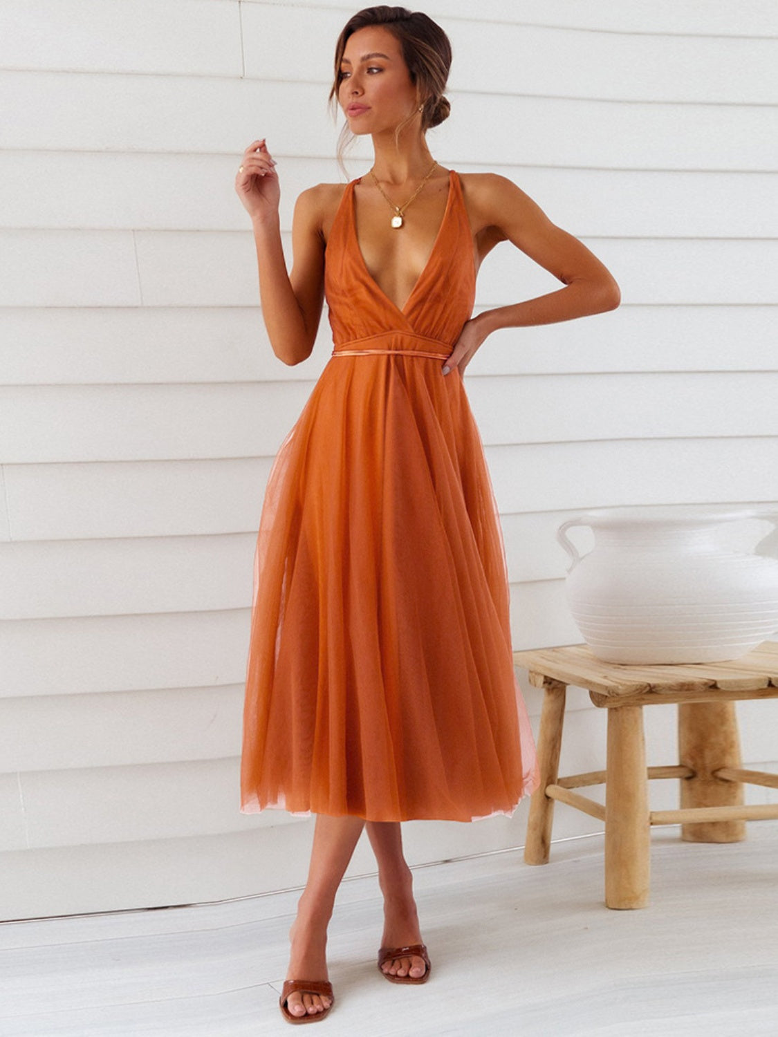 Sexy Backless Crisscross Midi Dress Terracotta