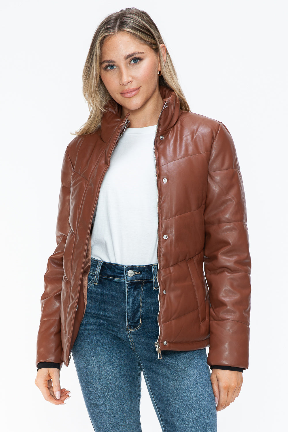 Snobbish Pocketed Zip Up Turtleneck Puffer Jacket Brandy