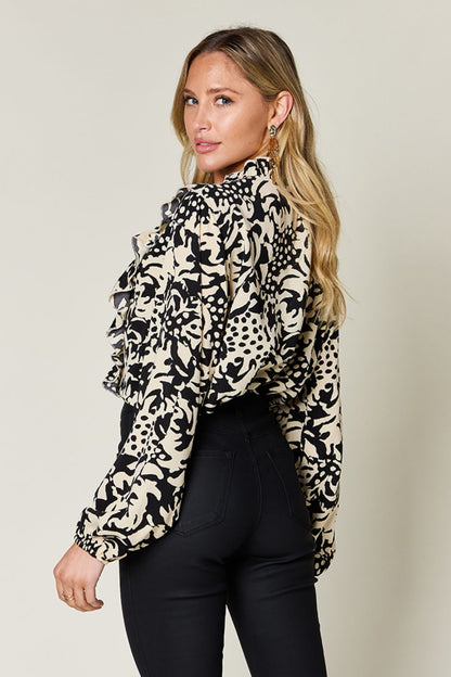 Printed Ruffle Balloon Sleeve Button-Down Top