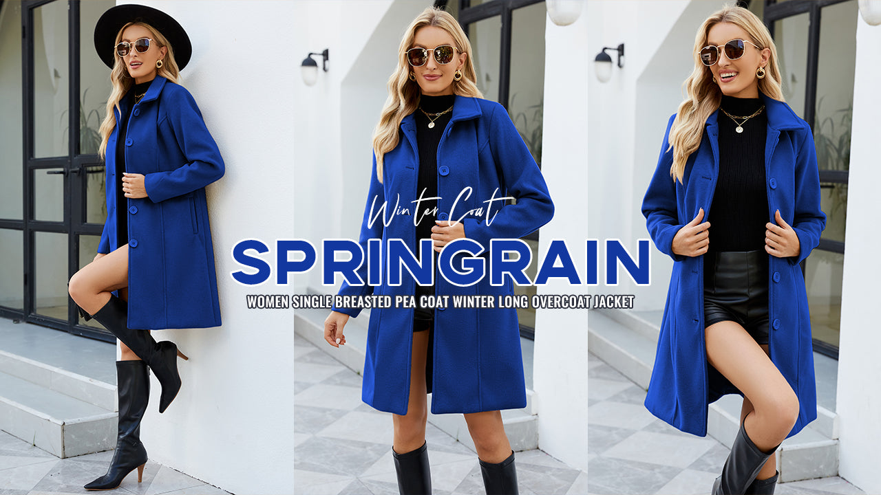 Blue Coat - Springrain Womens Pea Coat Elegant Overcoat Single Breasted Winter Coat Dress Coat with Pockets