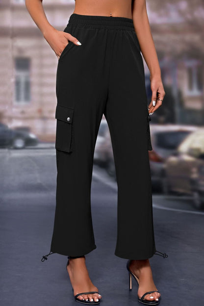 Elastic Waist Pants with Pockets Black