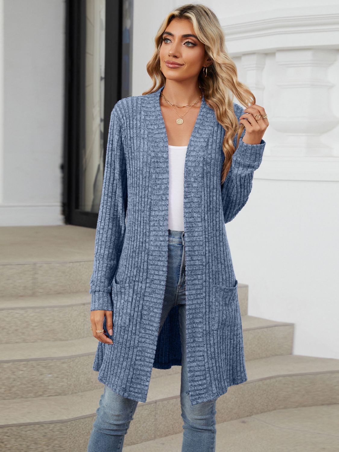 Open Front Long Sleeve Cardigan Dusty Blue