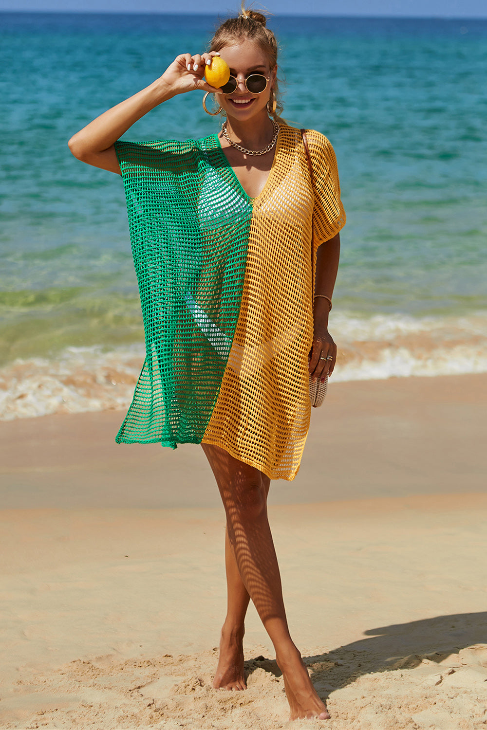 Lightweight Openwork Longline Beach Cover-Up Mid Green One Size