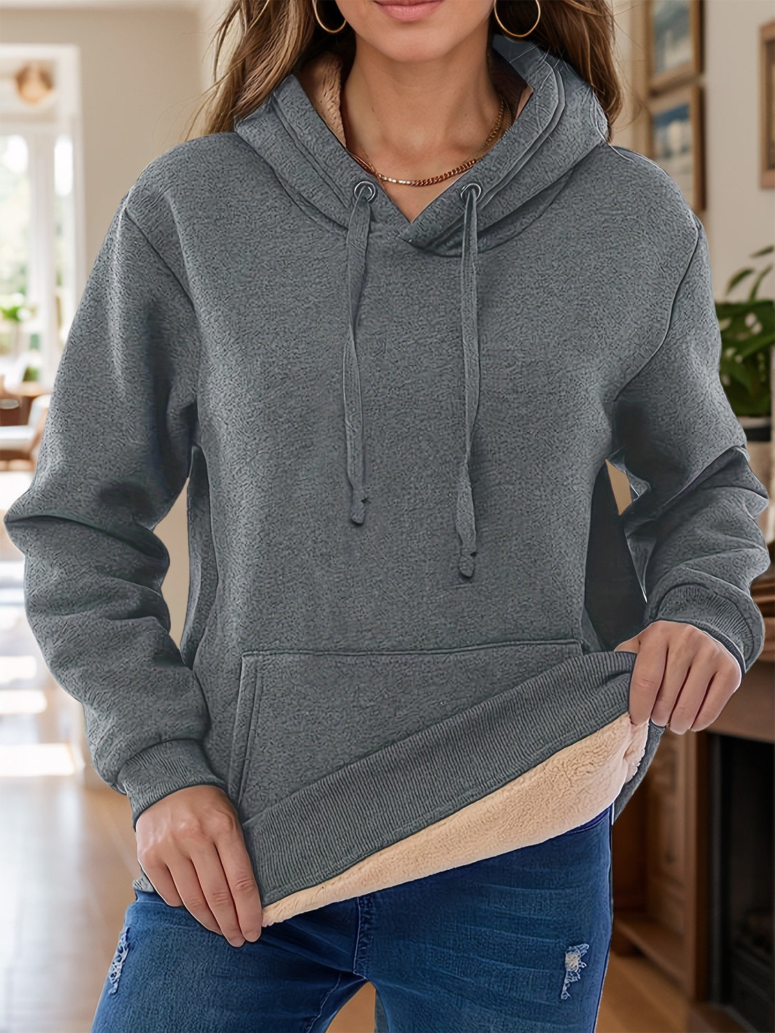 Drawstring Long Sleeve Hoodie with Kangaroo Pocket Dark Gray