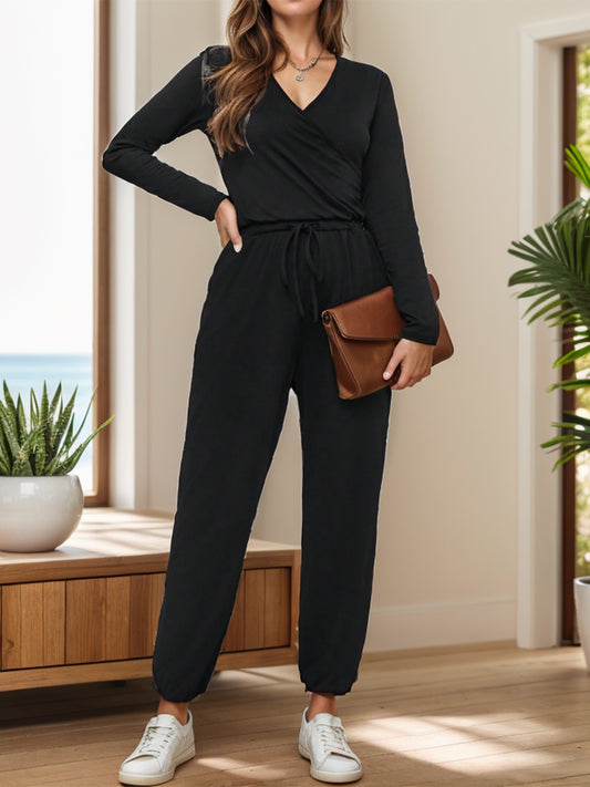 Surplice Tie Waist Long Sleeve Jumpsuit Black