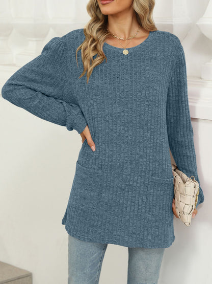 Pocketed Round Neck Long Sleeve T-Shirt French Blue